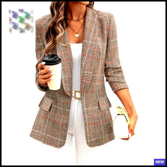Jackets & Blazers - Shawl Collar Plaid Blazer Boyfriend Fit Business Casual Office Jacket
